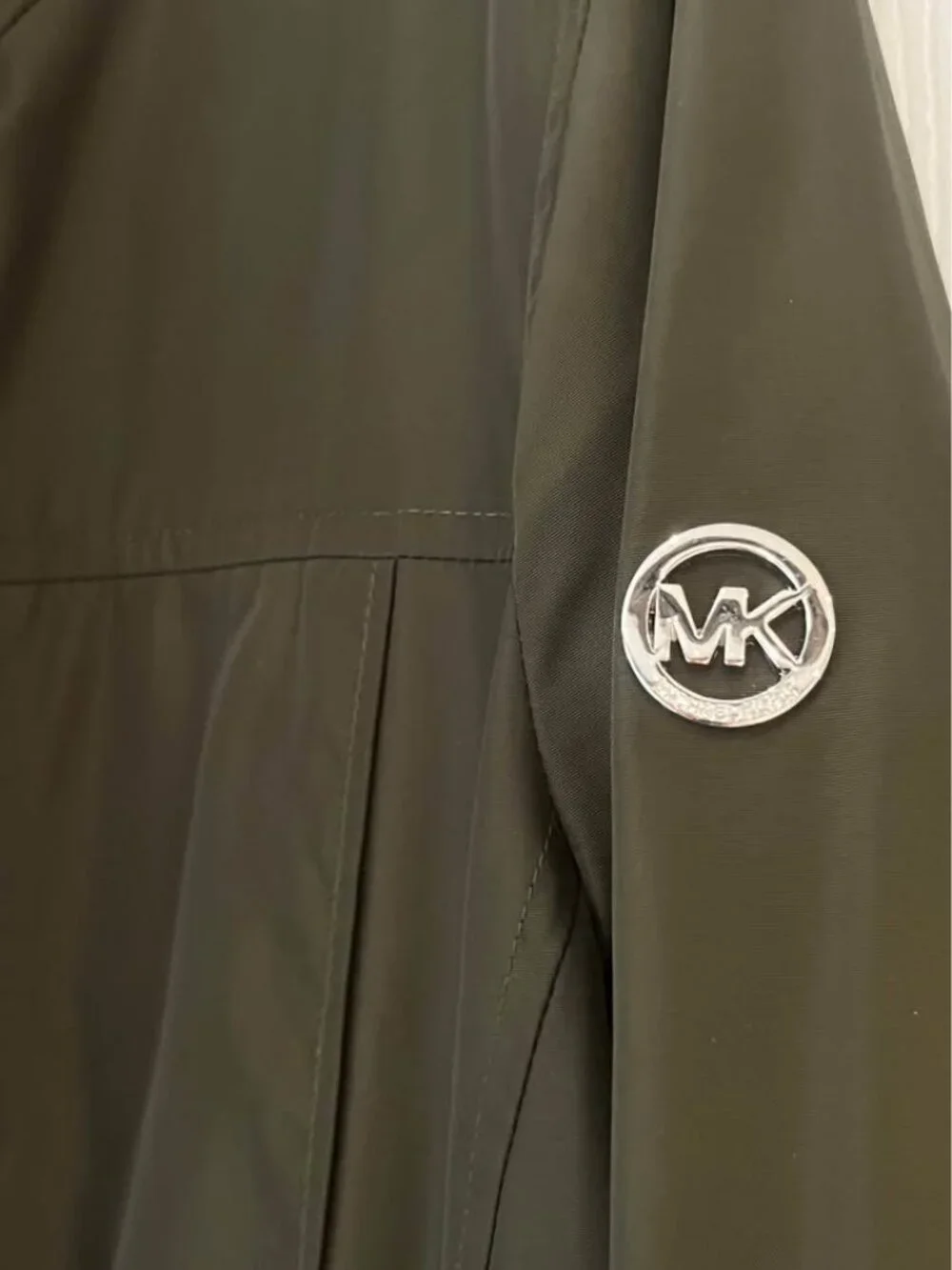 Michael Kors hooded jacket olive green silver buttons cinch waist